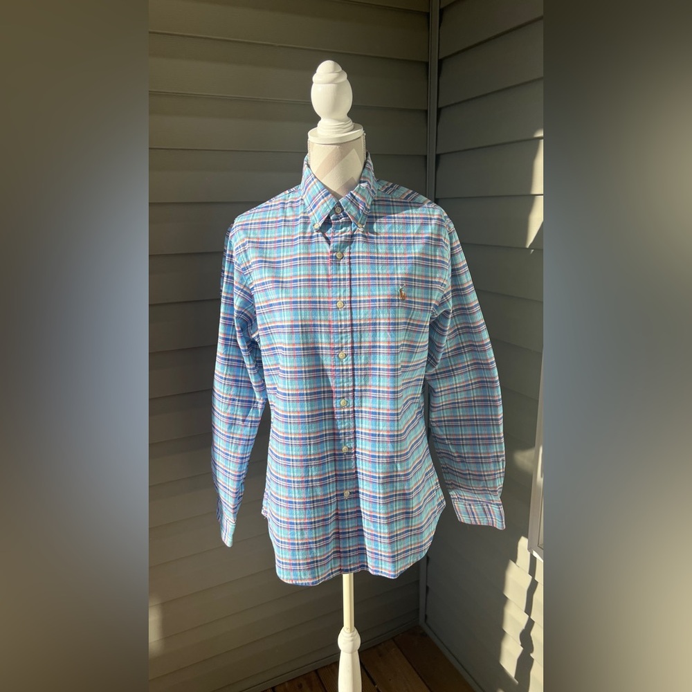 Polo Ralph Lauren Madras Check Bottom Up Green Blue Thick Cotton Slim fit Sz L